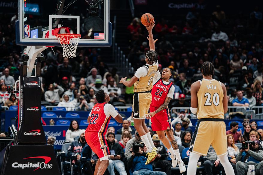 Washington Wizards Guard Bilal Coulibaly (0) shoots floating shot over New Orlean Pelican defenders at Capital One Arena, Washington, D.C., January 9th, 2026. Washington Wizards fall to the New Orleans Pelicans 128-107. (Photo by Jordan Sabillo, for the Washington Times)