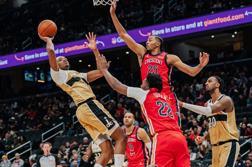 Washington Wizards Guard Bilal Coulibaly (0) shoots fadeaway shot over New Orlean Pelican defenders at Capital One Arena, Washington, D.C., January 9th, 2026. Washington Wizards fall to the New Orleans Pelicans 128-107. (Photo by Jordan Sabillo, for the Washington Times)