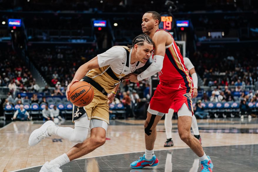 Washington Wizards Forward Kyshan George (18) drives top basket at Capital One Arena, Washington, D.C., January 9th, 2026. Washington Wizards fall to the New Orleans Pelicans 128-107. (Photo by Jordan Sabillo, for the Washington Times)