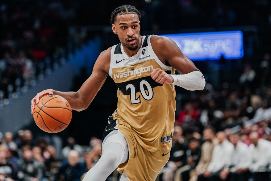 Washington Wizards Center Alex Sarr (20) drives in to basket at Capital One Arena, Washington, D.C., January 9th, 2026. Washington Wizards fall to the New Orleans Pelicans 128-107. (Photo by Jordan Sabillo, for the Washington Times)