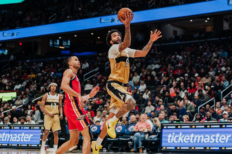 Washington Wizards Forward Justin Champagnie (9) drives into basket for a layup at Capital One Arena, Washington, D.C., January 9th, 2026. Washington Wizards fall to the New Orleans Pelicans 128-107. (Photo by Jordan Sabillo, for the Washington Times)