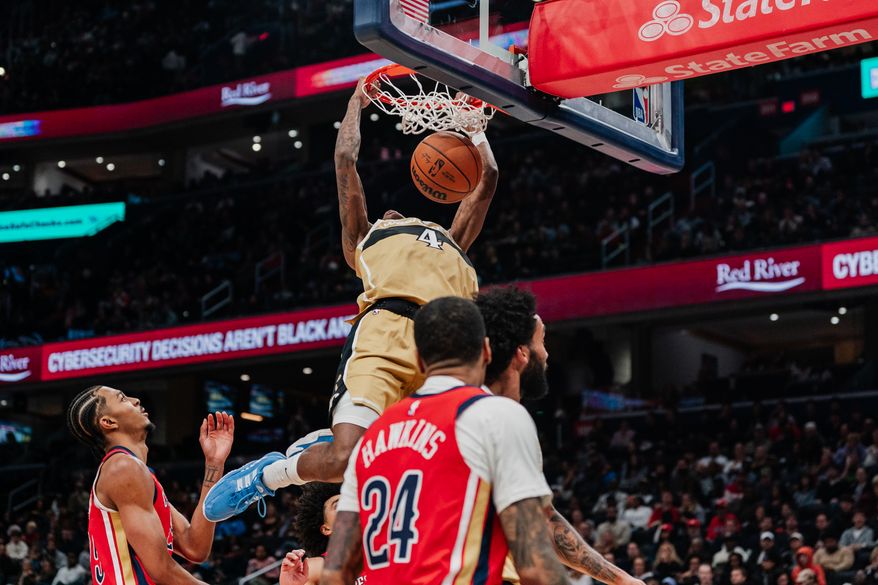 Washington Wizards Guard AJ Johnson (4) catches pass and scores at Capital One Arena, Washington, D.C., January 9th, 2026. Washington Wizards fall to the New Orleans Pelicans 128-107. (Photo by Jordan Sabillo, for the Washington Times)