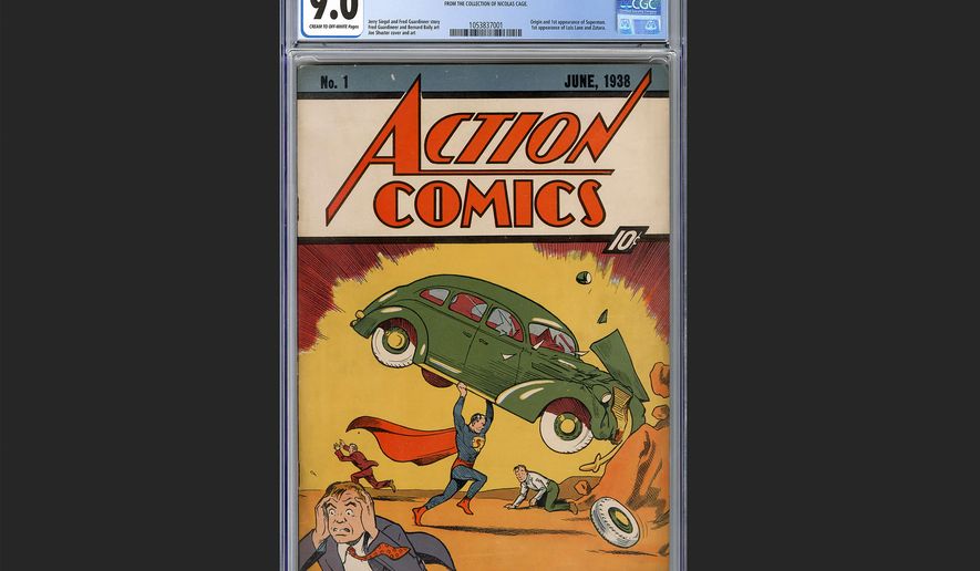 This photo shows Action Comics #1, Wednesday, Jan. 7, 2026, in New York, a copy of a rare comic book that introduced the world to Superman which has been sold for a record $15 million. (Andrew Wilson/Metropolis Collectibles Inc. via AP)