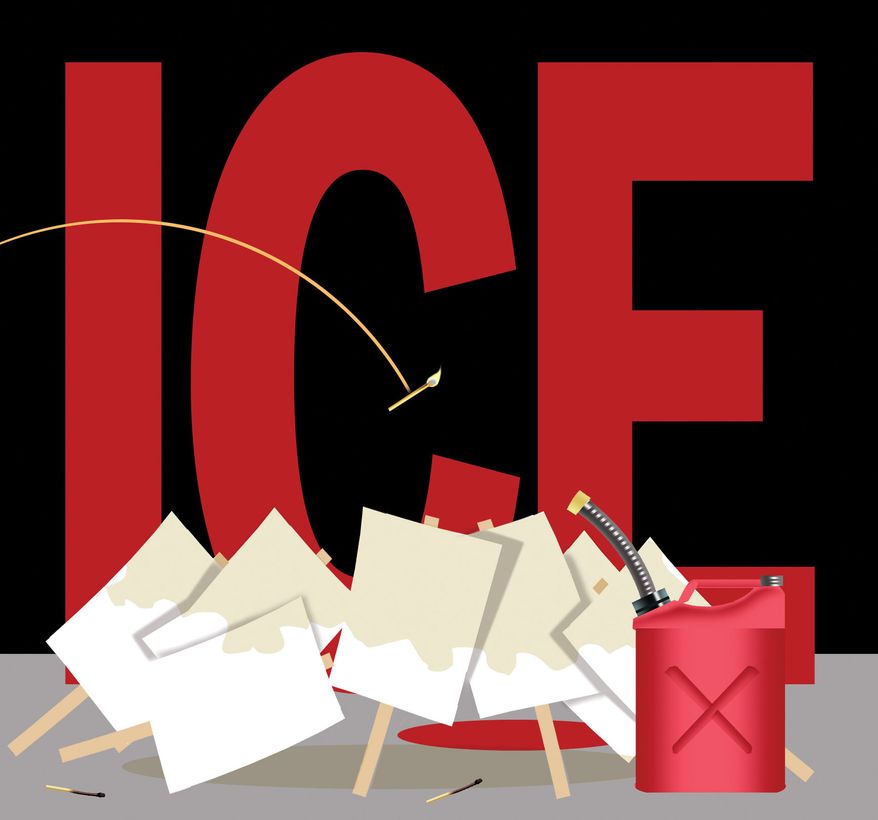 Escalating protests against United States Immigration and Customs Enforcement (ICE) illustration by Alexander Hunter/The Washington Times