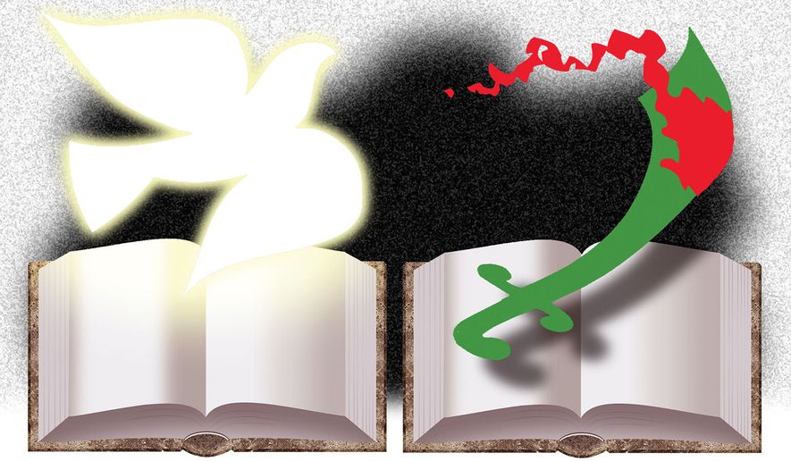 Promoting violence in the Quran and not in the Bible illustration by Alexander Hunter/The Washington Times