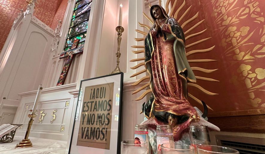 A statue of Our Lady of Guadalupe stands inside the St. Paul's-San Pablo Lutheran Church in Minneapolis, Sunday, Jan. 11, 2026. (AP Photo/Rebecca Santana)
