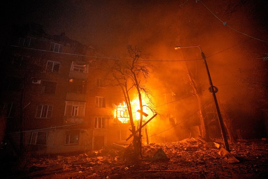 A residential building burns after a Russian strike in Kryvyi Rih, Ukraine, Thursday, Jan. 8, 2026. (AP Photo/Mykola Myrnyi)