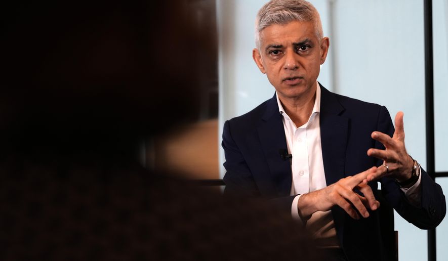 Mayor of London Sadiq Khan speaks during an interview in London, Monday, Jan. 12, 2026. (AP Photo/Kirsty Wigglesworth)