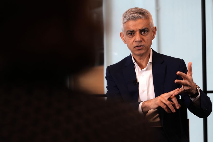 Mayor of London Sadiq Khan speaks during an interview in London, Monday, Jan. 12, 2026. (AP Photo/Kirsty Wigglesworth)
