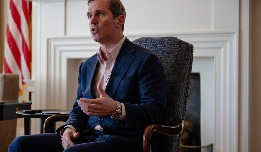 Kentucky Gov. Andy Beshear gives an interview, Monday, Jan. 12, 2026, in Frankfort, Ky. (AP Photo/Jon Cherry)