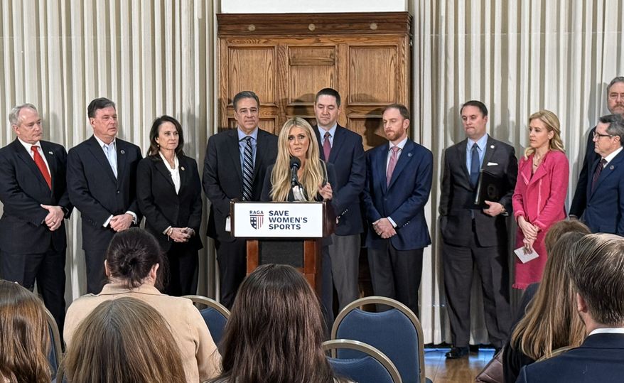 Former University of Kentucky swimmer Riley Gaines spoke at the Republican Attorneys General Association's press conference Monday, Jan. 12, in support of the Idaho and West Virginia laws barring biological males in female sports. Both laws are under consideration by the U.S. Supreme Court. (Republican Attorneys General Association photo)