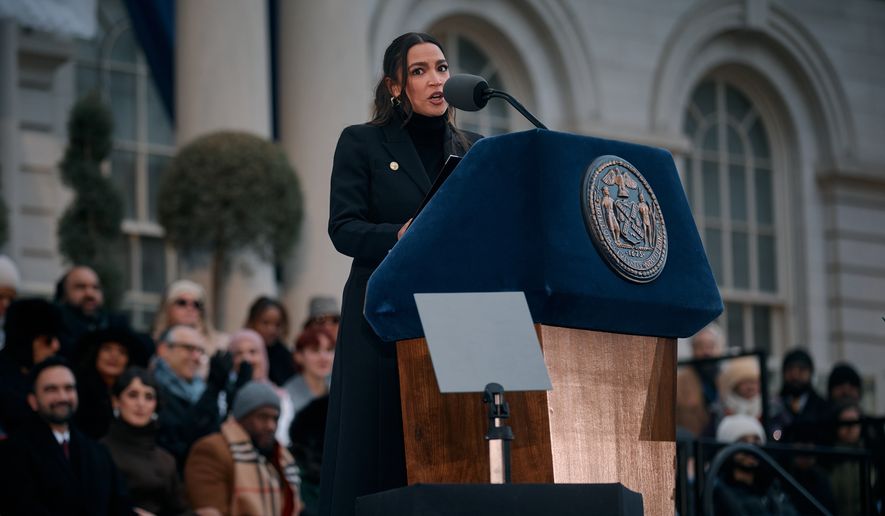 U.S. Rep. Alexandria Ocasio-Cortez, D-N.Y., speaks during Mayor Zohran Mamdani's inauguration ceremony, Thursday, Jan. 1, 2026, in New York. (AP Photo/Andres Kudacki)