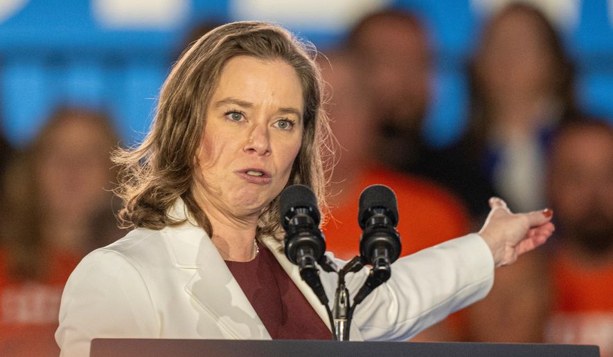 FILE - Wisconsin Lt. Gov. Sara Rodriguez speaks at a campaign event for Democratic presidential nominee Vice President Kamala Harris, Nov. 1, 2024, in Little Chute, Wis. (AP Photo/Andy Manis, File)