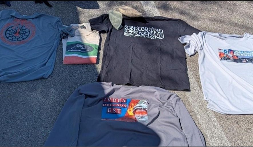 This photo provided by U.S. Attorney's Office shows clothing displaying antisemitic, anti-Israel, and extremist symbols that were found in former Navy SEAL Seal Gregory Vandenberg vehicle by authorities. (U.S. Attorney's Office via AP)