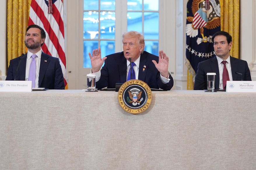 FILE - President Donald Trump speaks during a meeting with oil executives in the East Room of the White House, Jan. 9, 2026, in Washington, as Vice President JD Vance and Secretary of State Marco Rubio listen. (AP Photo/Evan Vucci, File)