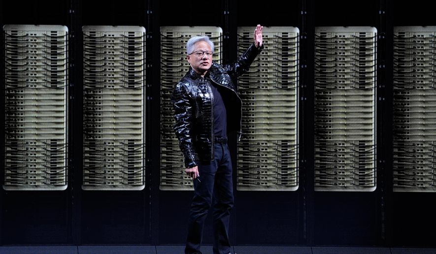 Nvidia founder and CEO Jensen Huang speaks about the NVIDIA Rubin AI super computing platform during a Nvidia news conference ahead of the CES tech show Monday, Jan. 5, 2026, in Las Vegas. (AP Photo/John Locher)