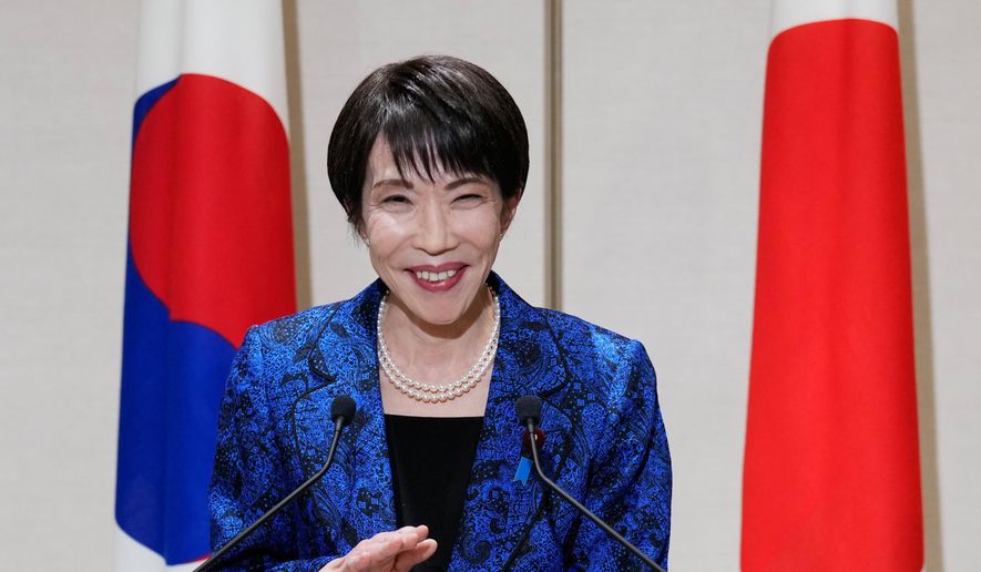 Japanese Prime Minister Sanae Takaichi speaks during a joint news conference with South Korean President Lee Jae-myung (not shown) after their talk in Nara, western Japan, Tuesday, Jan. 13, 2026. (AP Photo/Eugene Hoshiko, Pool) ** FILE **