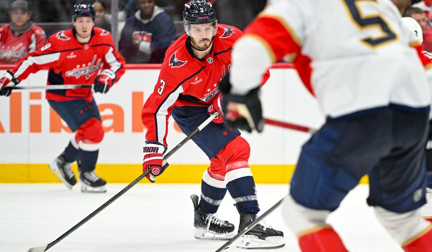 Washington Capitals defenseman Matt Roy (3) taking a shot during the third period of an NHL game against the Florida Panthers at Capital One Arena in Washington D.C., January 17, 2026. (Photo for the Washington Times)