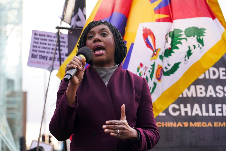 Britain's opposition leader Kemi Badenoch speaks during a protest against the proposed Chinese embassy, in London, Saturday, Jan. 17, 2026. (AP Photo/Alberto Pezzali)