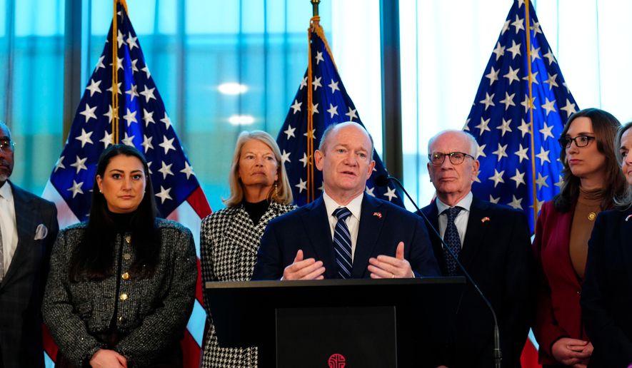 Senator Chris Coons from the Democratic Party speaks during a press conference with the American delegation, consisting of senators and members of the House of Representatives, in Copenhagen, Denmark, Saturday, Jan. 17, 2026. (Ida Marie Odgaard/Ritzau Scanpix via AP)