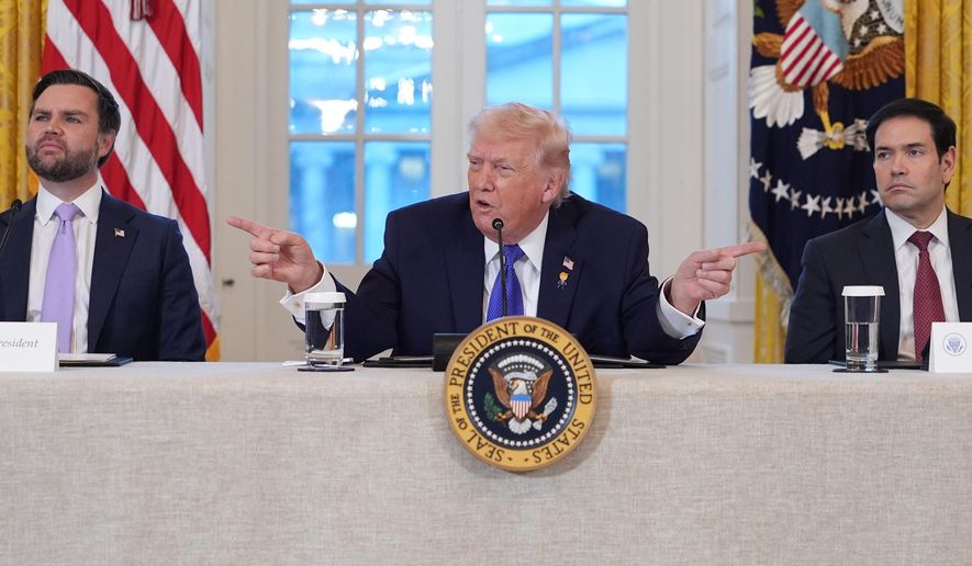 President Donald Trump speaks during a meeting with oil executives in the East Room of the White House, Friday, Jan. 9, 2026, in Washington, as Vice President JD Vance and Secretary of State Marco Rubio listen. (AP Photo/Evan Vucci)