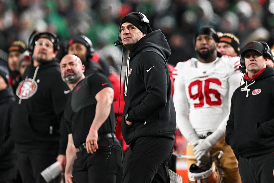 FILE - San Francisco 49ers defensive coordinator Robert Saleh looks on from the sideline during the second half of an NFL wild card playoff football game against the Philadelphia Eagles, Sunday, Jan. 11, 2026, in Philadelphia. (AP Photo/Terrance Williams, File)