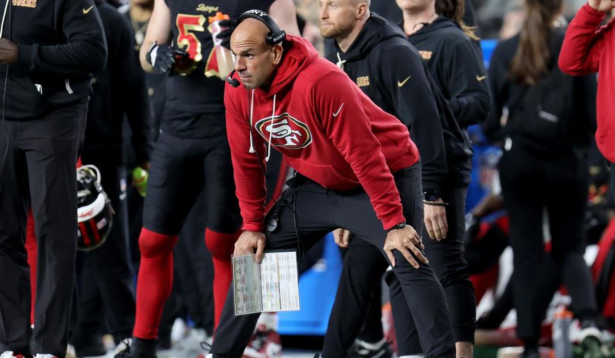 FILE - San Francisco 49ers defensive coordinator Robert Saleh stands on the sideline during an NFL football game against the Seattle Seahawks, Jan. 3, 2026, in Santa Clara, Calif. (AP Photo/Scot Tucker, File)