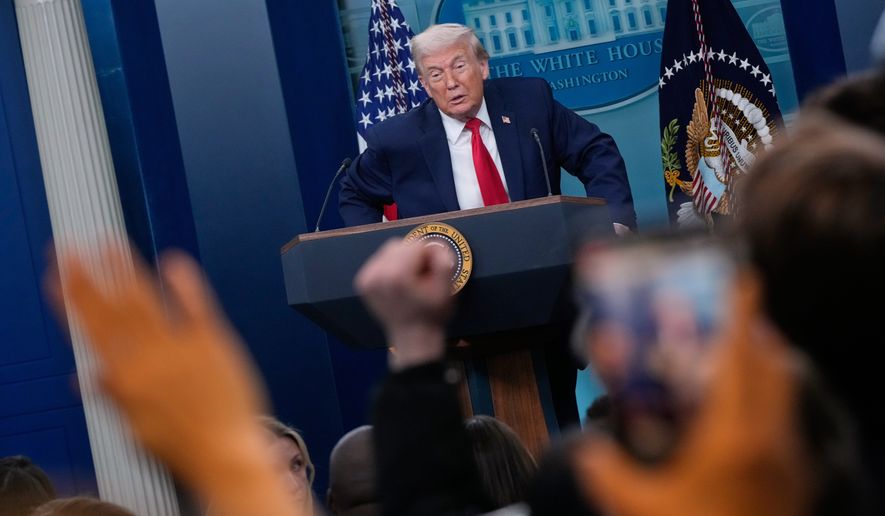 President Donald Trump speaks during a press briefing at the White House in Washington, Tuesday, Jan. 20, 2026. (AP Photo/Julia Demaree Nikhinson)