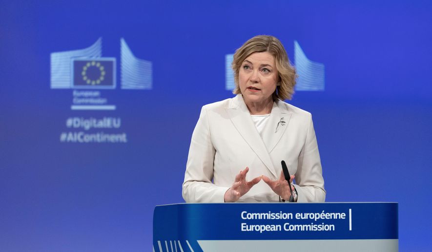 FILE - Henna Virkkunen, European Commissioner for Tech-Sovereignty, Security and Democracy gives a press conference at the end of the weekly meeting of the College of Commissioners at EU headquarters in Brussels, Belgium, on April 9, 2025. (AP Photo/Omar Havana, File)