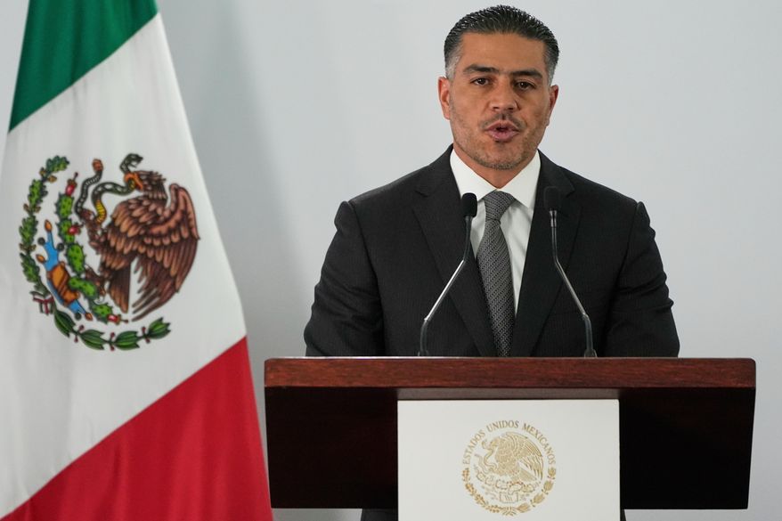 Mexican Security and Citizen Protection Minister Omar Garcia Harfuch attend a news conference in Mexico City, Aug. 13, 2025. (AP Photo/Fernando Llano, File)