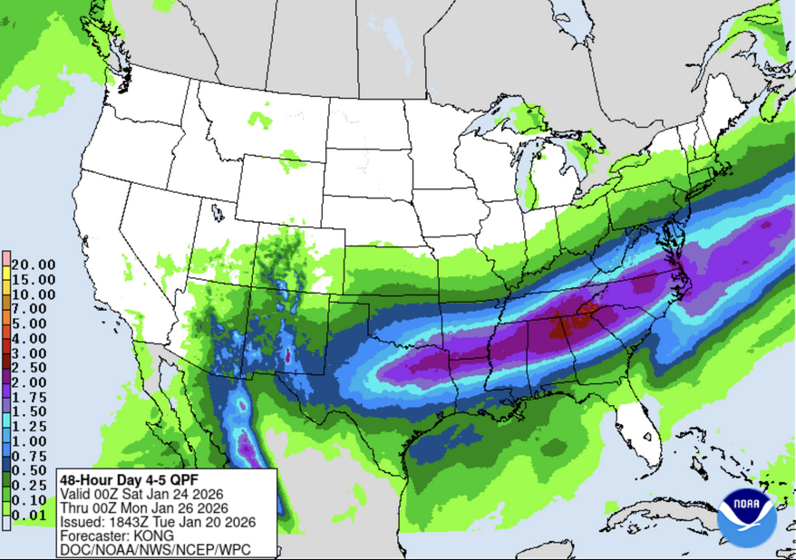This 48-hour precipitation outlook from the National Weather Service shows the potential of the winter storm between Saturday, Jan. 24, 2026 and Monday, Jan. 26, 2026. (Credit: National Weather Service / NOAA)