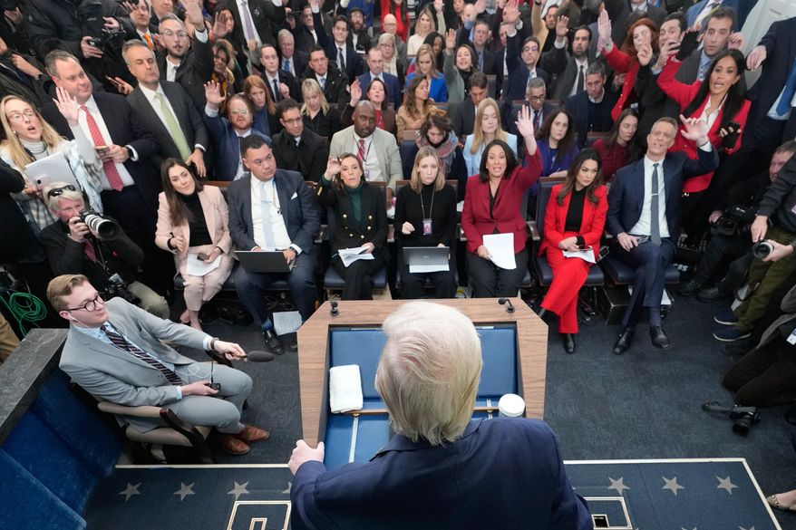 President Donald Trump speaks during a press briefing at the White House in Washington, Tuesday, Jan. 20, 2026. (AP Photo/Mark Schiefelbein)