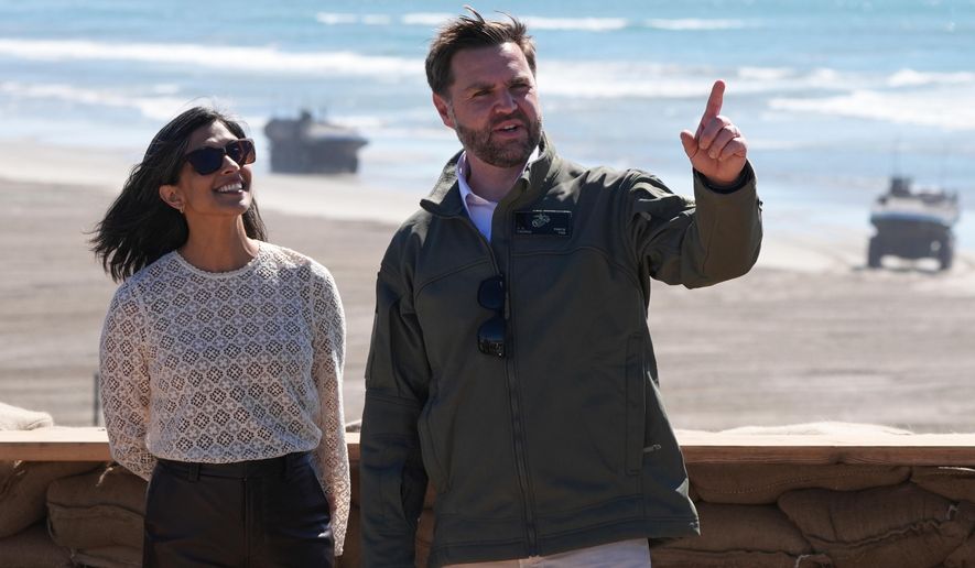 Vice President JD Vance, right, and second lady Usha Vance watch a demonstration by Marines during activities to mark the upcoming Marine Corps' 250th anniversary on Marine Corps Base Camp Pendleton in Camp Pendleton, Calif., on Oct 18, 2025. (AP Photo/Gregory Bull) **FILE**