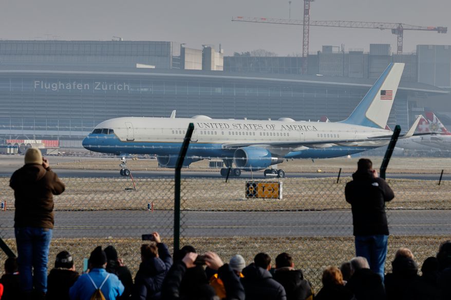 Air Force One lands at the airport in Zurich, Switzerland, Wednesday, Jan. 21, 2026. (AP Photo/Arnd Wiegmann)