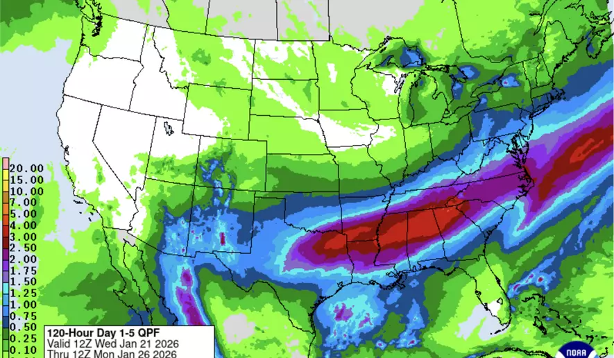 Precipitation forecast through Monday, January 26. (Credit: NWS / NOAA)