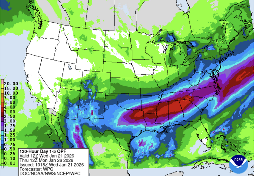 Precipitation forecast through Monday, January 26. (Credit: NWS / NOAA)