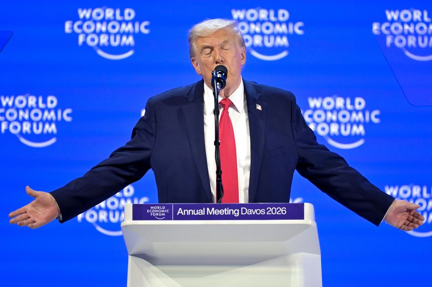 President Donald Trump speaks during the 56th annual meeting of the World Economic Forum, WEF, in Davos, Switzerland, Wednesday, Jan. 21, 2026. (Gian Ehrenzeller/Keystone via AP)