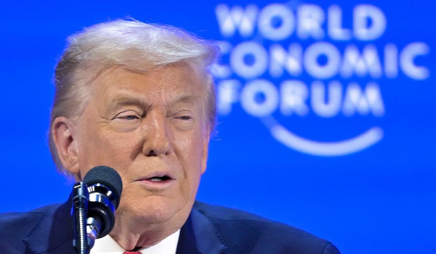 President Donald Trump speaks during the 56th annual meeting of the World Economic Forum, WEF, in Davos, Switzerland, Wednesday, Jan. 21, 2026. (Gian Ehrenzeller/Keystone via AP)