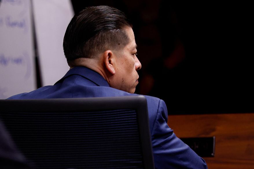 Former Uvalde school district police officer Adrian Gonzales listens to closing statements on the 11th day of his trial at the Nueces County Courthouse on Wednesday, Jan. 21, 2026, in Corpus Christi, Texas. (Sam Owens /The San Antonio Express-News via AP, Pool)