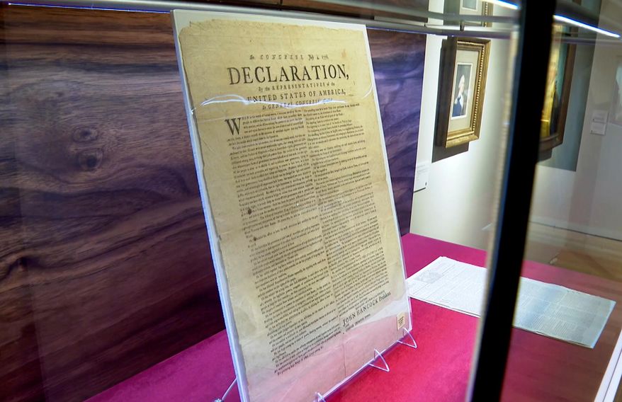 A copy of the Declaration of Independence, printed by Robert Luist Fowle in July 1776, sits on display at Christie's during a preview for the "We the People: America at 250" auction, Jan. 15, 2026 in New York. (AP Photo/Joe Frederick)