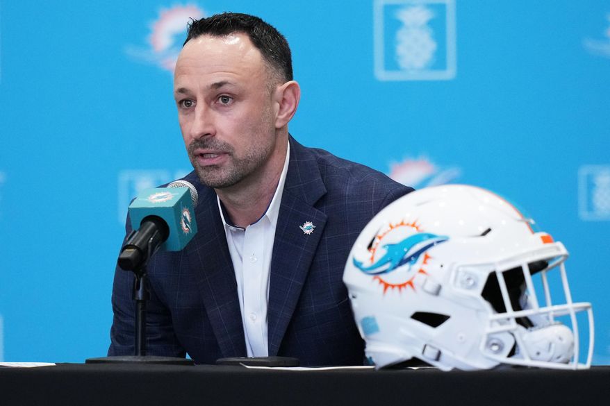 Miami Dolphins general manager Jon-Eric Sullivan responds to a question during a news conference at the teams NFL football training facility, Thursday, Jan. 22, 2026, in Miami Gardens, Fla. (AP Photo/Lynne Sladky)