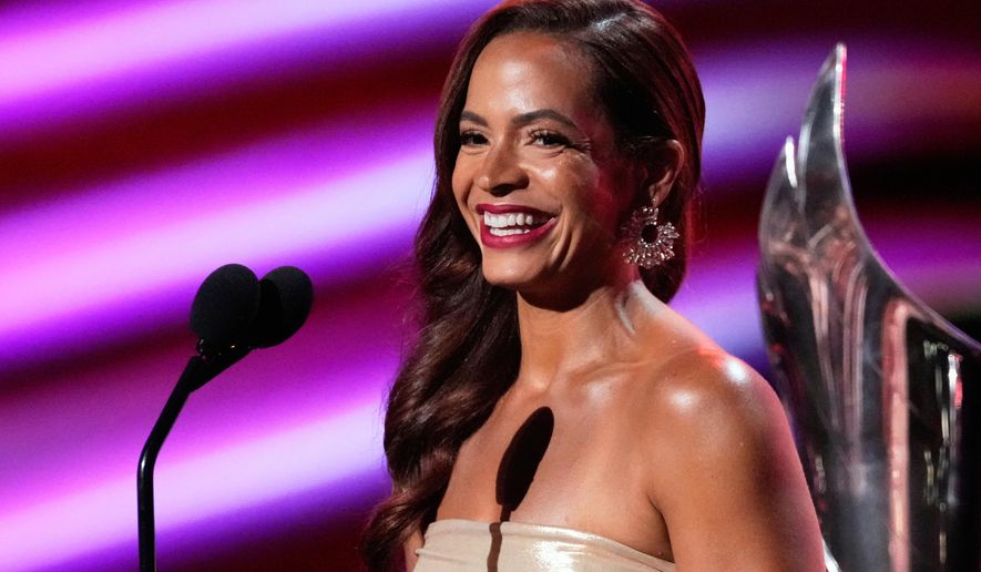 Elle Duncan speaks on stage at the ESPY Awards at the Dolby Theatre in Los Angeles, July 16, 2025. (AP Photo/Mark J. Terrill, File)