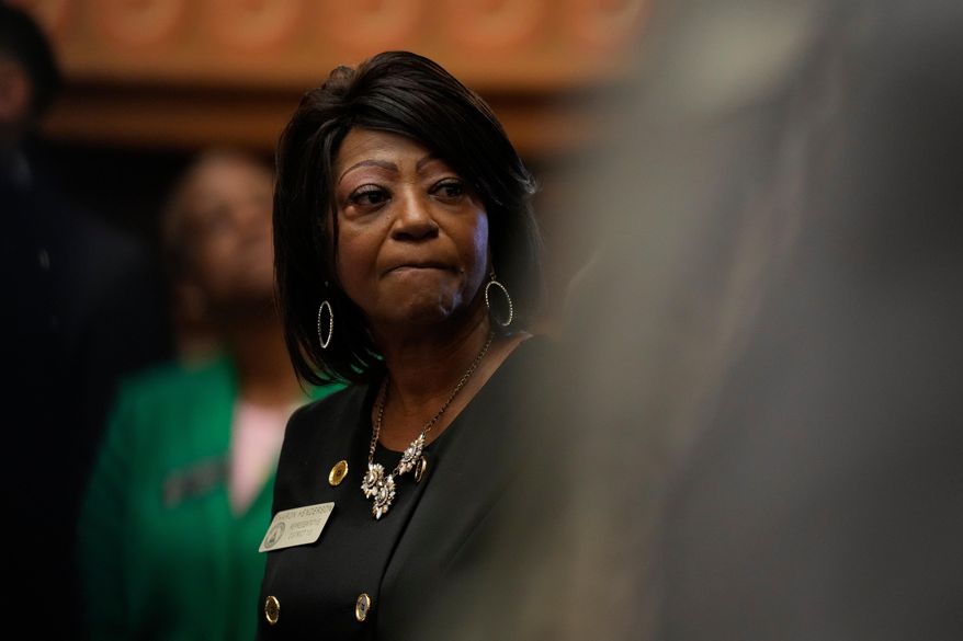FILE - Rep. Sharon Henderson, D-Covington, listens to Gov. Brian Kemp speak during the State of the State speech, Thursday, Jan. 15, 2026, in Atlanta. (AP Photo/Brynn Anderson, File)