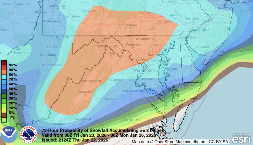 Map showing percentages for total snowfall of at least 8 inches over next 72 hours. (Credit: NWS / NOAA)