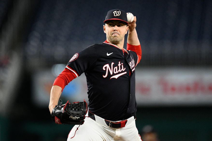 Washington Nationals starting pitcher MacKenzie Gore (1) throws during the second baseball game of a doubleheader against the Atlanta Braves, Sept. 16, 2025, in Washington. (AP Photo/Nick Wass, File)