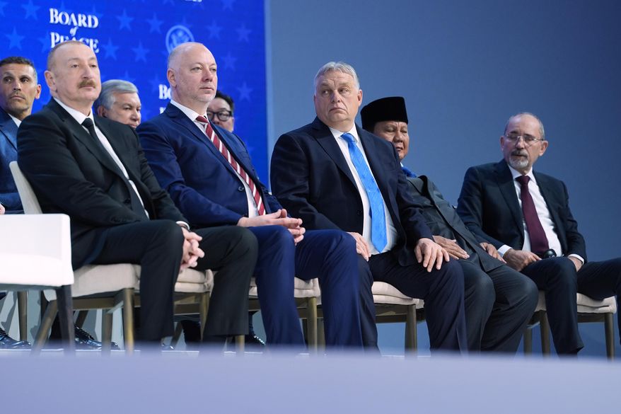 From right, Ayman Al Safadi, Deputy PM of of Jordan, Prabowo Subinato, President of Indonesia, Hungary's Prime Minister Viktor Orban, Bulgaria's Prime Minister Rossen Jeliazkov and Ilham Aliyev, President attend a Board of Peace charter announcement during the Annual Meeting of the World Economic Forum in Davos, Switzerland, Thursday, Jan. 22, 2026. (AP Photo/Evan Vucci)