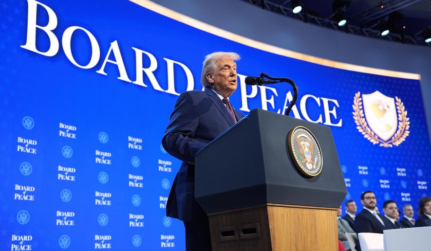 President Donald Trump speaks during a Board of Peace charter announcement during the Annual Meeting of the World Economic Forum in Davos, Switzerland, Thursday, Jan. 22, 2026. (AP Photo/Evan Vucci)