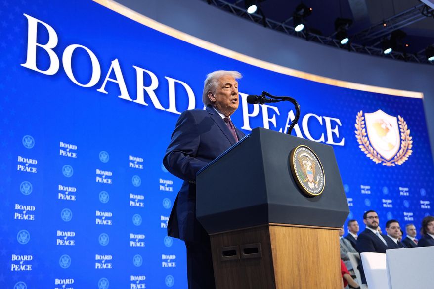 President Donald Trump speaks during a Board of Peace charter announcement during the Annual Meeting of the World Economic Forum in Davos, Switzerland, Thursday, Jan. 22, 2026. (AP Photo/Evan Vucci)