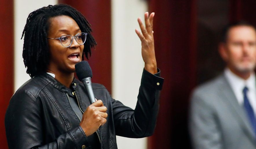 State Rep. Angie Nixon, D-Jacksonville asks a question on the SB 2-A Property Insurance bill, Dec. 14, 2022, in the House of Representatives in Tallahassee, Fla. (AP Photo/Phil Sears, File)