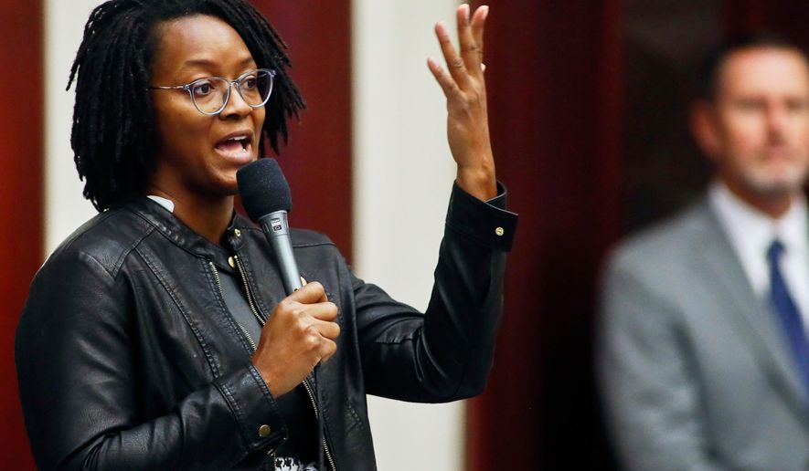 State Rep. Angie Nixon, D-Jacksonville asks a question on the SB 2-A Property Insurance bill, Dec. 14, 2022, in the House of Representatives in Tallahassee, Fla. (AP Photo/Phil Sears, File)